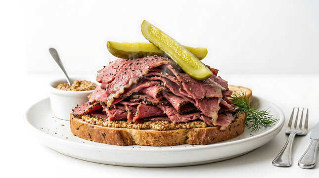 A towering pastrami sandwich loaded with thinly sliced corned beef and topped with pickles, ready to be enjoyed.