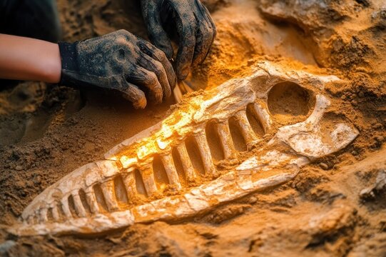 hands in gloves carefully brushing a large fossil skull and vertebral column from sandy soil, warm golden light capturing focused discovery and meticulous work
