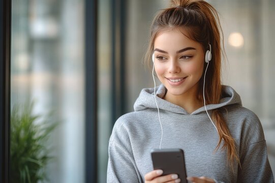 person in gray hoodie wearing white earbuds holding a smartphone by a window with a potted plant, calm and thoughtful mood