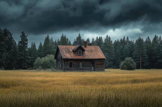Solitary wooden cabin in a golden field before looming storm clouds, framed by dense pine forest, evoking a moody, ominous and melancholic atmosphere