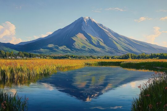snow-capped mountain rising above a calm reflective lake with golden reeds and wildflowers, tree line at the base, blue sky with soft clouds, peaceful and majestic scene