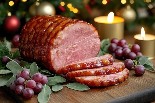 glazed sliced holiday ham on wooden board with grapes, fresh sage leaves and lit candles creating a warm festive cozy atmosphere