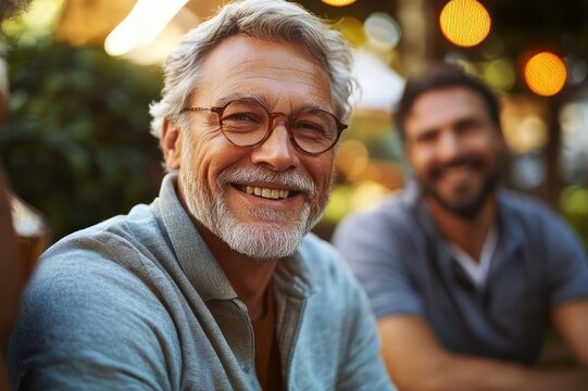 Two middle-aged men in casual shirts relaxed at an outdoor evening gathering with warm bokeh lights and greenery, friendly and content atmosphere