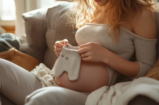 expectant woman on a sofa in soft sunlight cradling her bare pregnant belly while holding a tiny knitted baby garment in a warm, tender moment of anticipation
