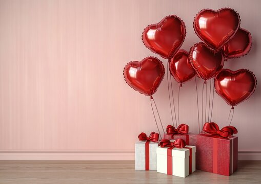Cluster of shiny red heart-shaped balloons tied to three red and white wrapped gift boxes with bows against a soft pink wall, evoking a romantic celebration