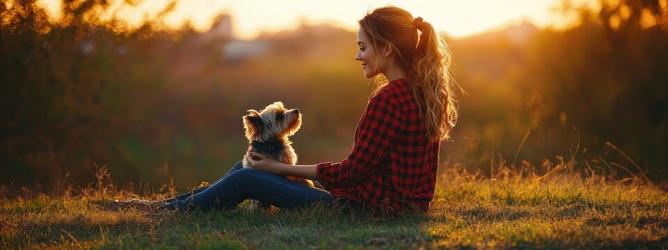 Young woman in a red plaid shirt sits on grass holding a small dog at sunset, sharing a peaceful, warm, contemplative moment in a golden field