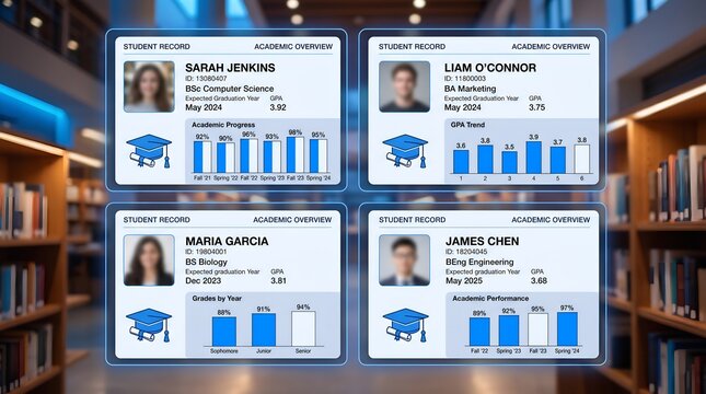 Digital student academic records dashboard in blurred library