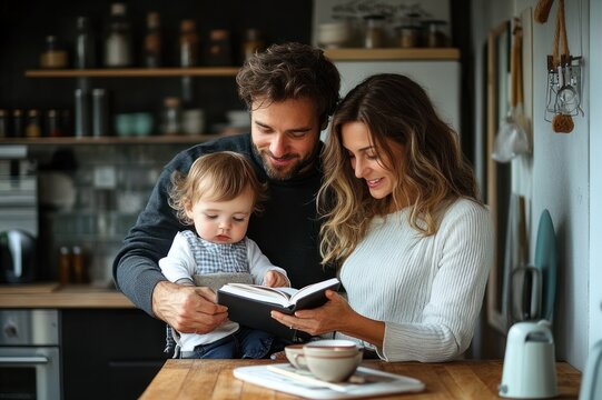 parents and toddler reading a book together at a wooden kitchen table with a coffee cup, shelves of jars and appliances nearby, sharing a warm tender family moment