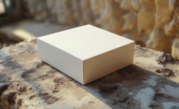 White square box resting on a rough sunlit stone surface beside a blurred stone wall, casting a soft shadow in a warm, tranquil minimalist scene