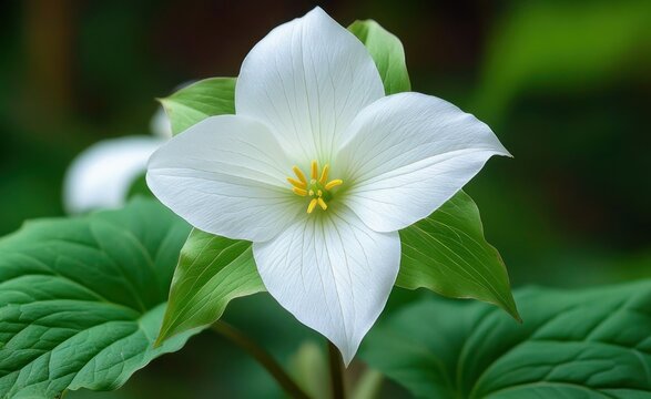 delicate white three-petaled woodland flower with yellow center and lush green leaves in a soft blurred green background, serene mood