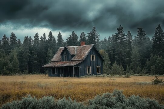 Lonely weathered wooden farmhouse with rusty roof and chimney in a golden meadow beside a dense pine forest beneath ominous storm clouds