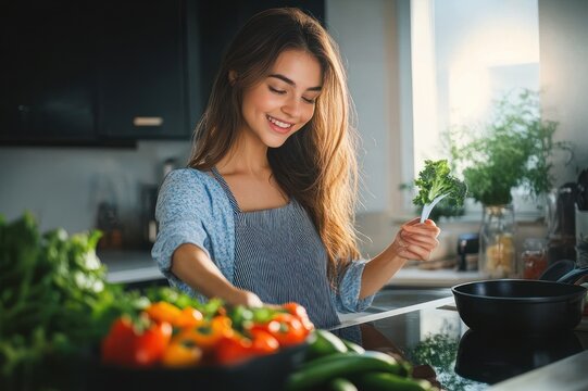 Woman in apron preparing fresh vegetables at a sunlit kitchen counter, holding leafy greens beside tomatoes and peppers with a calm, content expression