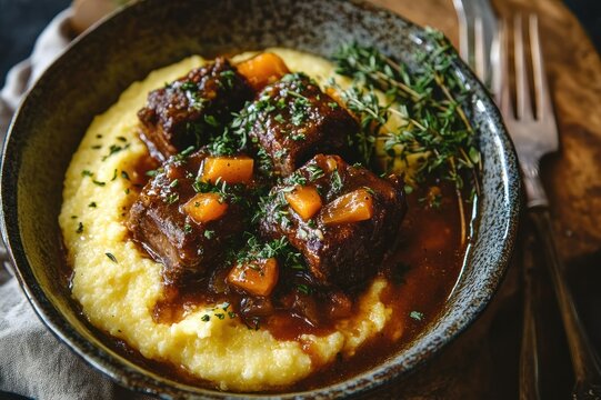 Hearty braised beef cubes with carrots and fresh thyme over creamy polenta in a rustic ceramic bowl, warm comforting homestyle dinner