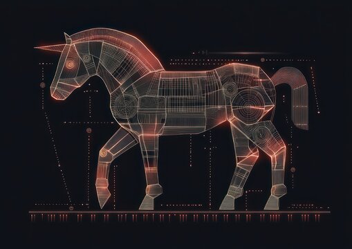 Glowing wireframe mechanical horse hologram with orange technical schematic overlay on dark background, futuristic and mysterious