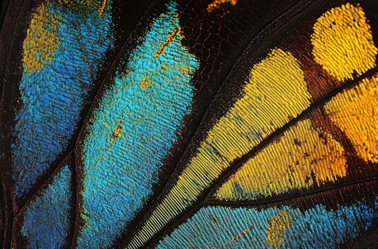 Macro close-up of colorful butterfly wing scales in blue and yellow with black veins and intricate textured pattern evoking wonder and vibrancy