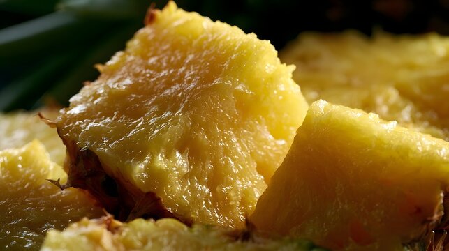 Close up of vibrant yellow pine chunks showing textured flesh and glistening surface under bright lighting