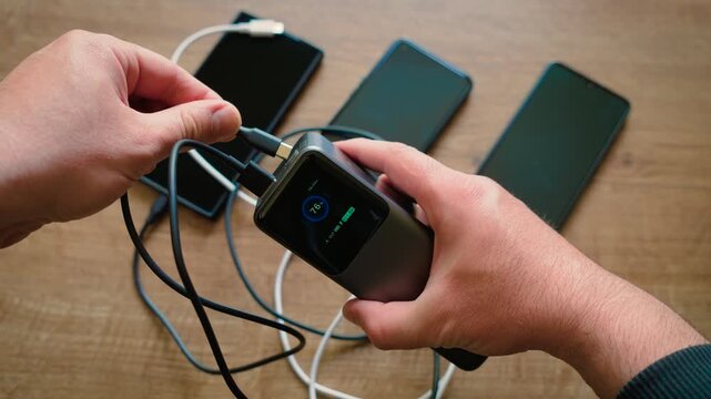 Connecting cable from power bank to smartphones initiating charging process on multiple devices. Battery indicators on phone screens lighting up and starting to fill after connection. Charging session