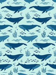Blue whale seamless pattern with sea life and ocean elements