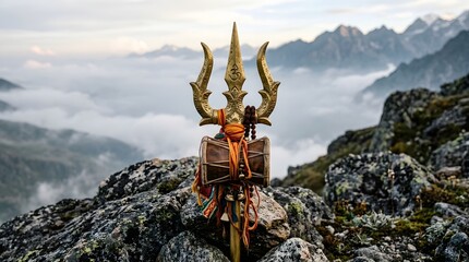 Obraz premium Traditional trident statue on rocky mountain with misty valley view