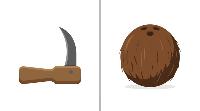 Flat vector illustration of a curved harvesting sickle and brown coconut