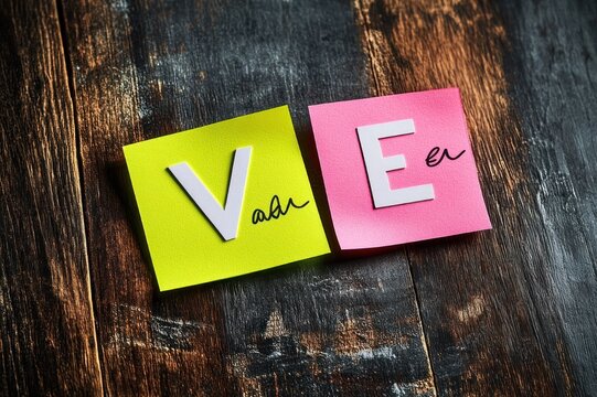 two colorful sticky notes with white paper letters v and e on a dark wooden table, playful handwritten script and a cheerful creative mood