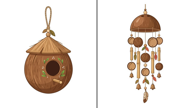 Set of decorative handcrafted coconut shell birdhouse and bamboo wind chime illustrations