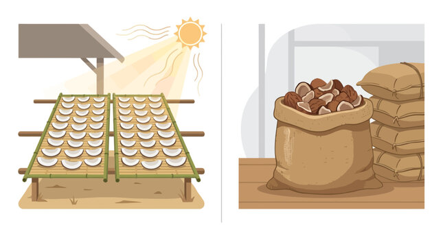 Traditional sun drying process of coconut copra on racks and sack storage