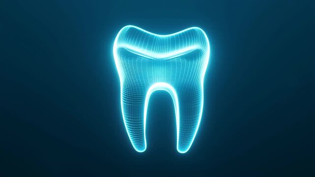Futuristic glowing digital tooth hologram on dark background