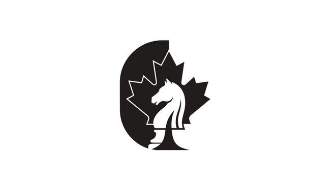 Black and white horse head and maple leaf logo design.