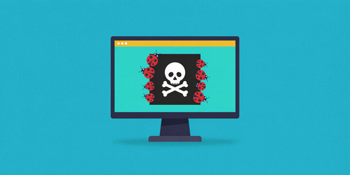 Digital security alert showing malware icon on desktop monitor screen with security computer cybersecurity software protection internet information vulnerability hardware compromise business