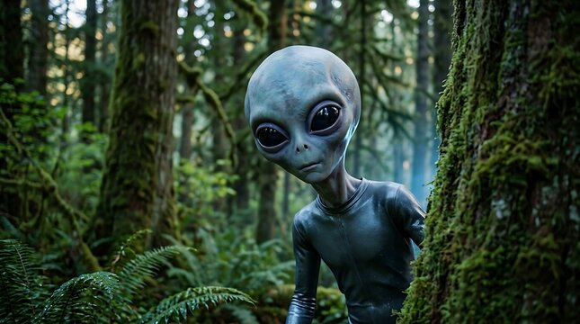 Alien in the forest on halloween night with spooky trees and moss