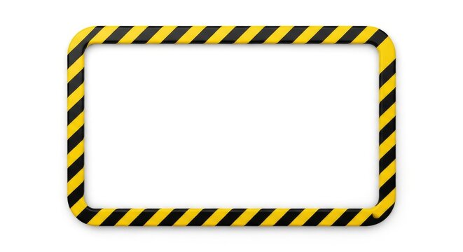 Yellow and Black Hazard Warning Striped Rectangular Frame with Rounded Corners Isolated on White Background