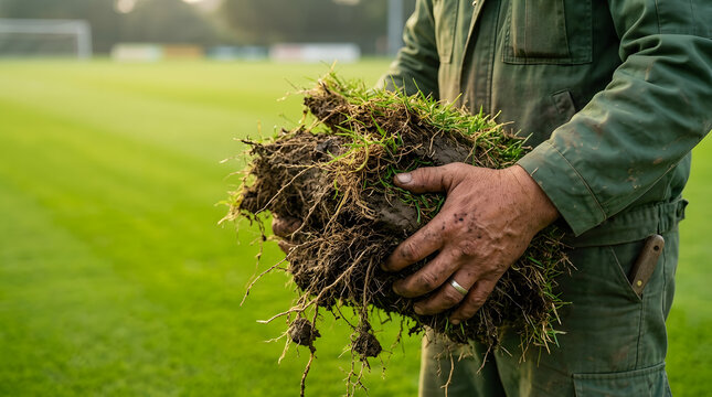 Groundskeeper Holding Fresh Sod for Football Pitch Repair | Close Up of Worker Hands with Turf Grass Roots | Soccer Field Maintenance and Grass Replacement Process | Professional Sports Turf Care