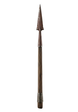 ancient spear, dark weathered hardwood shaft, oxidized iron arrowhead with reddish-brown rust, tarnished metal cap, isolated on white background, historical artifact presentation
