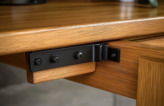 close-up of wooden table drop leaf support with black metal hinge plate and three round bolts conveying sturdy, functional craftsmanship