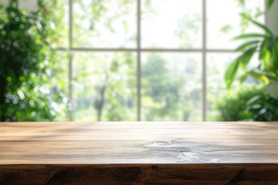 Sunlit rustic wooden tabletop in front of a large window with blurred green plants and garden view, evoking a fresh peaceful calm atmosphere