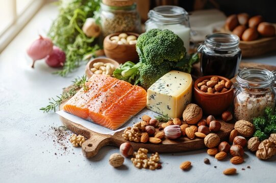 fresh raw salmon fillets with blue cheese, broccoli, mixed nuts, herbs and jars on a rustic wooden board, evoking wholesome, fresh and appetizing ingredients