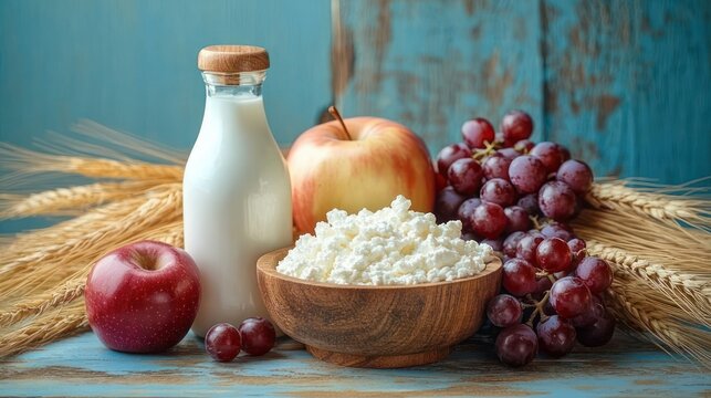 rustic still life of cottage cheese in a wooden bowl with a bottle of milk, red apples, purple grapes and wheat stalks on a weathered blue wooden table evoking fresh wholesome country comfort