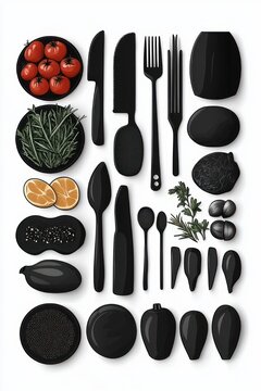 overhead still life of black cutlery, spoons, knives, forks and plates with bowls of tomatoes, herbs, citrus halves, olives and seeds in a minimalist, organized, elegant composition