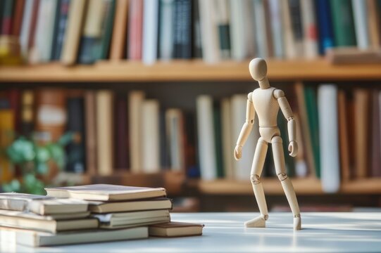 wooden artist mannequin standing on a white table beside a stack of books with a blurred bookshelf background, evoking curiosity and quiet study