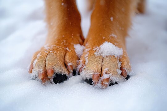 close-up of golden dog paws pressed into fresh snow with black pads and snow clinging, quiet winter curiosity