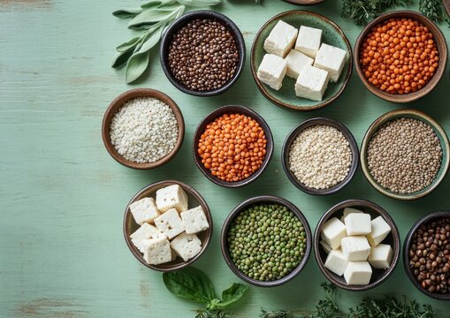 Overhead display of bowls with colorful lentils, beans, grains and cubed tofu on a rustic mint wooden table surrounded by fresh basil, sage and thyme, evoking wholesome freshness