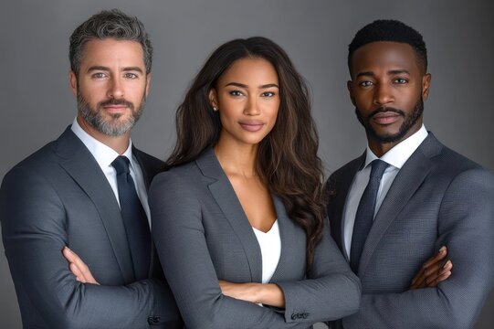 Three business professionals in gray suits with faces obscured standing with arms crossed, confident and serious studio portrait