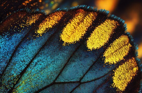 Macro close-up of a butterfly wing showing iridescent blue-green scales and golden yellow speckles, delicate fringed edges evoking wonder and fascination