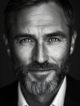 black and white studio portrait of a person with face obscured by a dark rectangular block, white shirt collar and short beard visible, mysterious and concealed mood