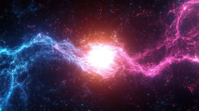 Converging blue and pink electric plasma streams colliding into a brilliant white core with orange glow, particles and starfield in a dramatic intense cosmic burst