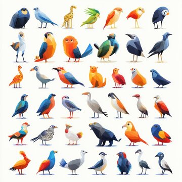 cheerful collection of colorful geometric bird illustrations in a grid with a tiny giraffe, a small orange cat and a dark seal, playful low-poly animal icons on white background