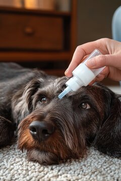 brown and black long-haired dog lying on carpet while a hand gently administers eye drops, patient and calm expression