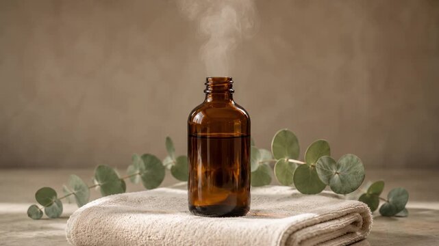 Steam rising from an amber essential oil bottle resting on a folded towel. Eucalyptus branch in the background. Aromatherapy and natural wellness spa concept