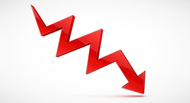 Red Glossy 3D Zigzag Arrow Pointing Down for Financial Market Crash and Economic Recession Concept